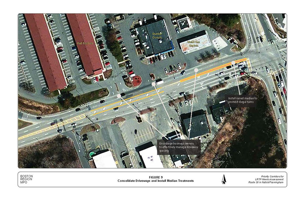 FIGURE 9. Aerial-view map that exhibits the positive effects of business owners consolidating some of their driveways to better manage space, and installing raised median strips to prohibit illegal turns.
